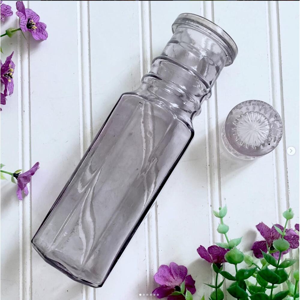 Vintage Glass Bottle Amethyst Purple Octagonal Separate Lid
